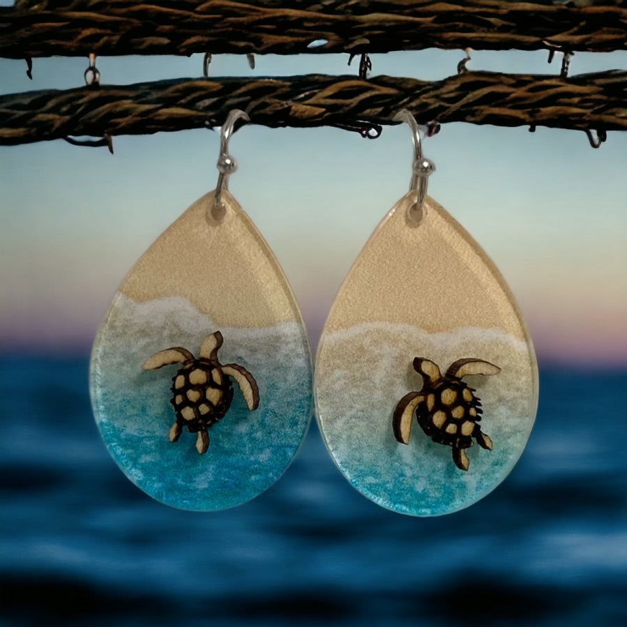 Beach view earrings featuring baby Loggerhead turtles