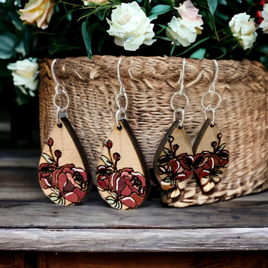 Hand painted wood earrings featuring Peonies - laser engraved wood earrings