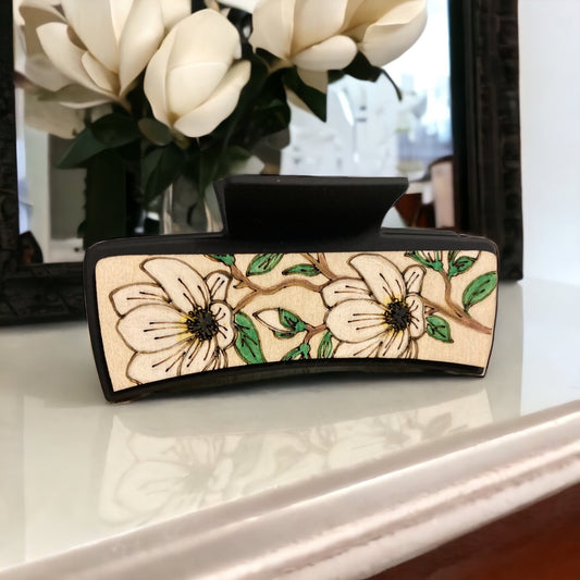 Large hair clip featuring laser engraved Magnolias - hand painted