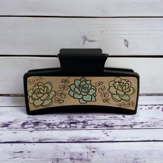 3 inch hair clip featuring laser engraved Succulents - hand painted
