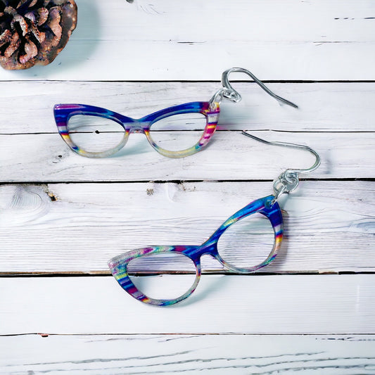 Cat Eye Reading glasses shaped earrings featuring colorful swirl pattern