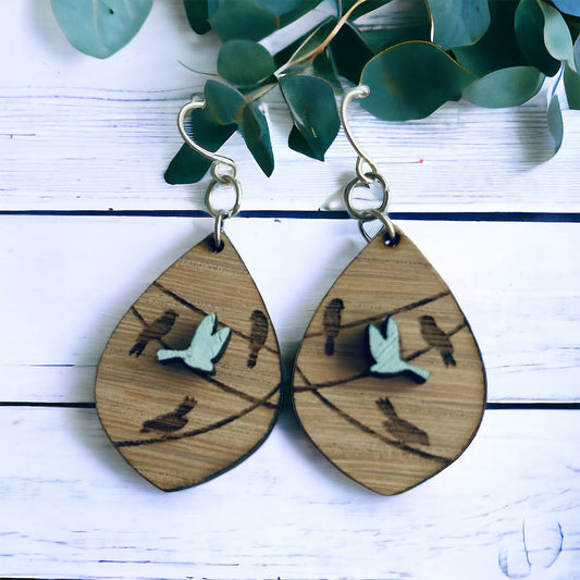 Hand painted Birds on a wire Earrings - laser engraved wood earrings - gift for mom, friend, co-worker