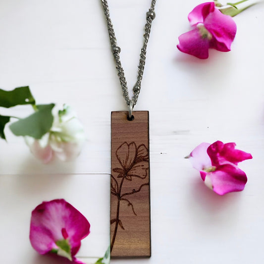 Birth Month Collection - Petite lightweight wood bar Necklace featuring birth month flower - custom gift - custom engraved name available